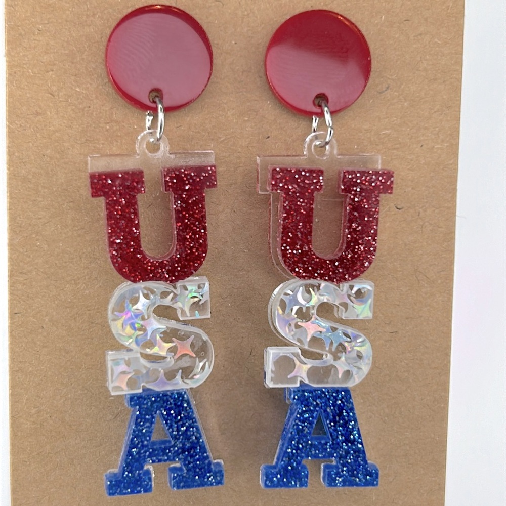 Acrylic ”USA” Red White and Blue Stud Earrings  Fashion Jewelry Patriotic
